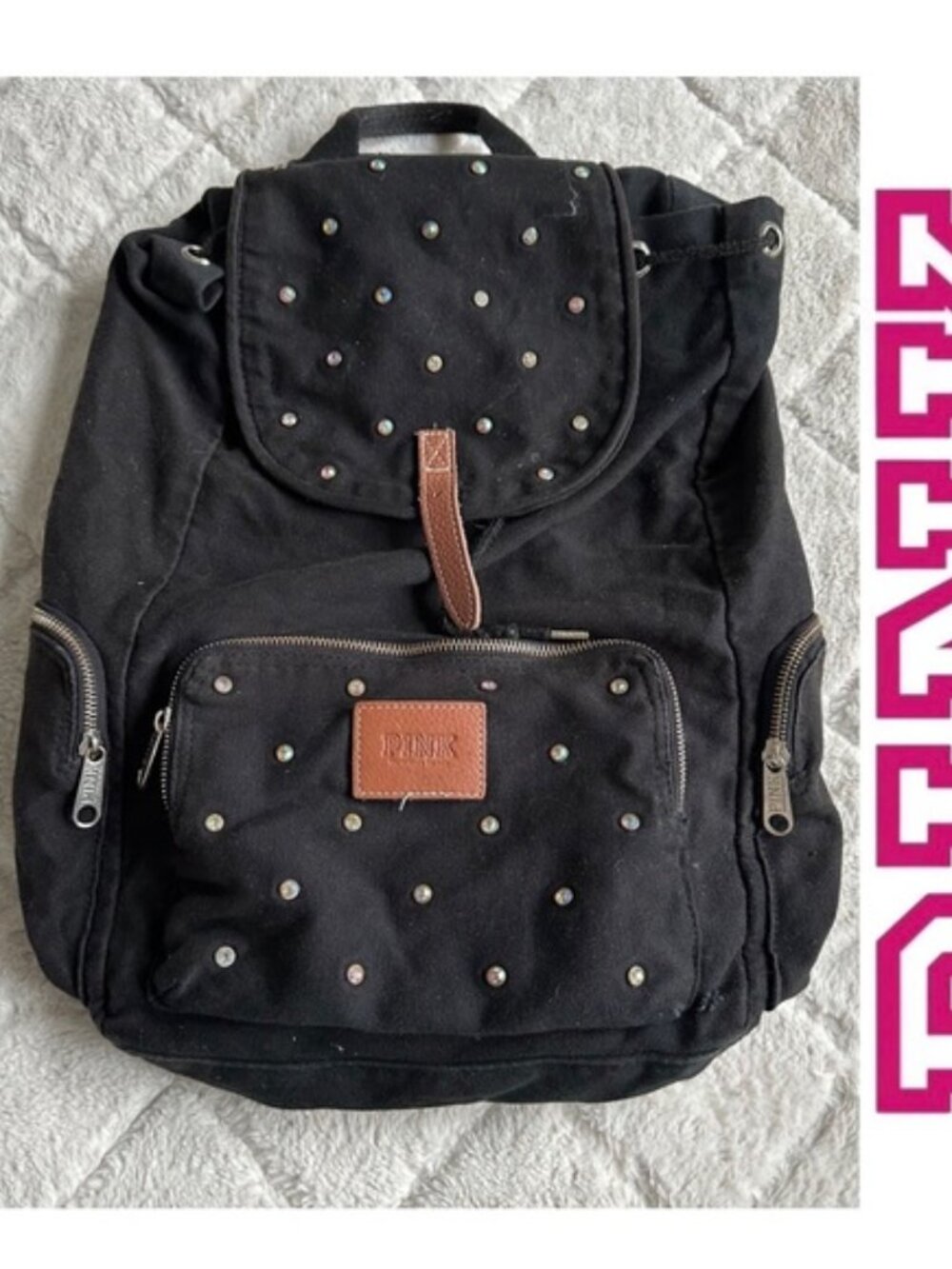Victoria Secret PINK | Black Rhinestone Canvas Stud Backpack | One Size